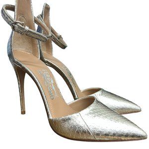 Salvatore Ferragamo Silver Ankle Strap Leather Stiletto Pumps  US Size 6.5